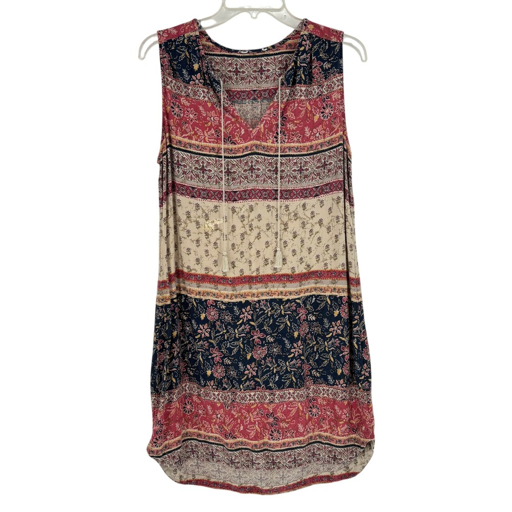 Beachlunchlounge Tunic Dress Sleeveless Paisley Floral Tassel Tie Boho Size L